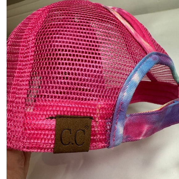 C.C. Tie Dye Trucker Hat Women OS Pink Repurposed Patch Ponytail Cap Excellent - Picture 8 of 8